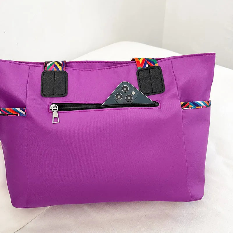 Women's Oxford cloth shoulder bag with double straps in purple colour, 34cm wide soft fabric horizontal shape