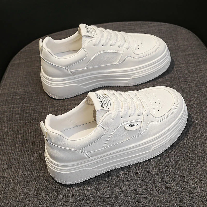 Platform thick sole casual sports skate shoes in black, genuine leather upper, round toe, front lace-up, low top