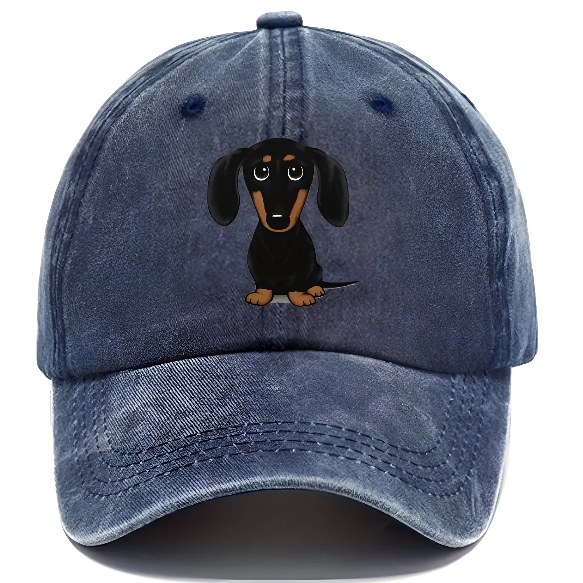 Retro washed cotton baseball cap with embroidered Dachshund design in dome crown style