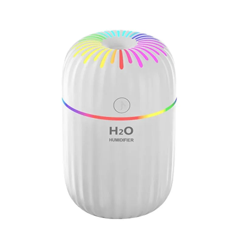 Compact white USB mini humidifier with 300ml water tank on desk beside laptop