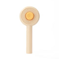 Blue and yellow pet grooming brush with self-cleaning button and angled wire needles