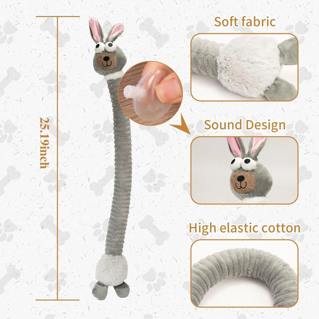 Foldable plush dog toy with squeaky and crinkle features in brown, grey and yellow colours