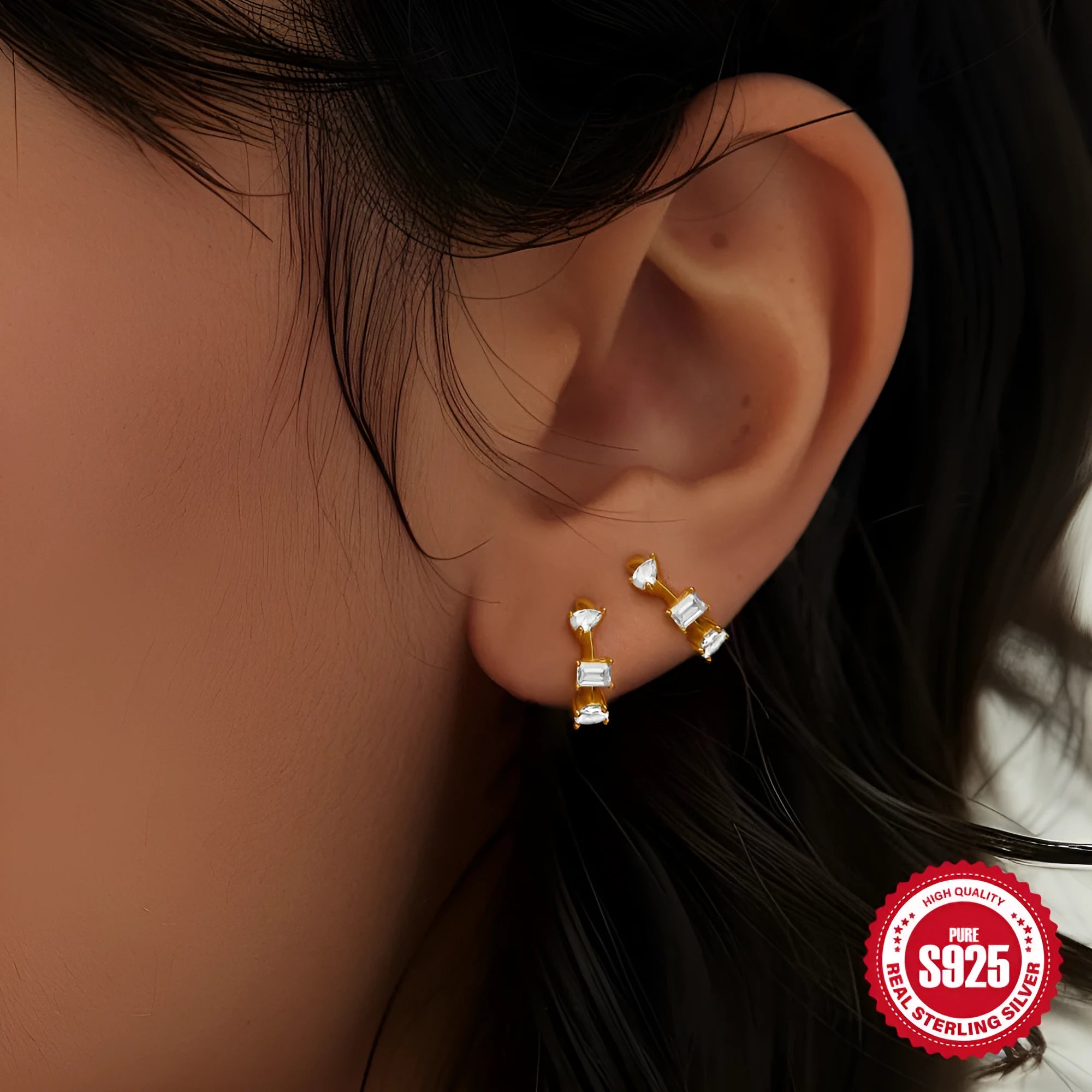 Sterling silver geometric stud earrings with round diamond accents in gold and silver electroplated finishes