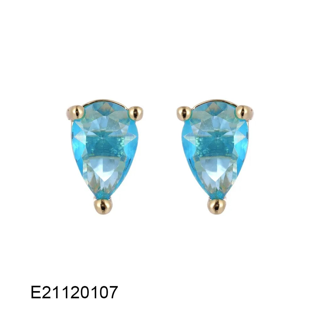 Gold-plated drop earrings with colourful cubic zirconia stones on a copper base.