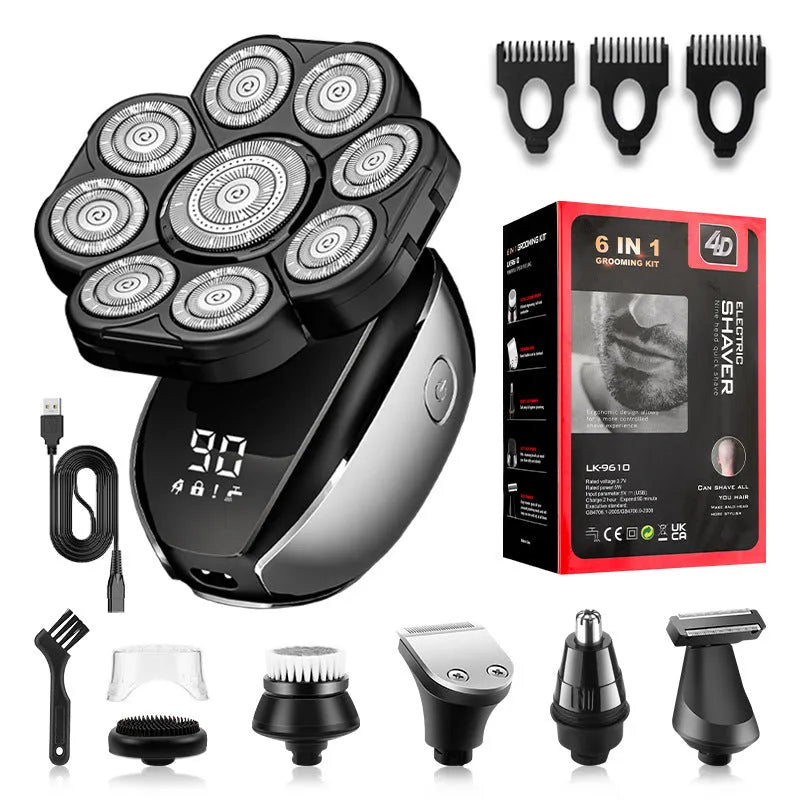 Black rechargeable 6-in-1 hair clipper grooming kit with attachments laid out.