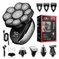 Black rechargeable 6-in-1 hair clipper grooming kit with attachments laid out.