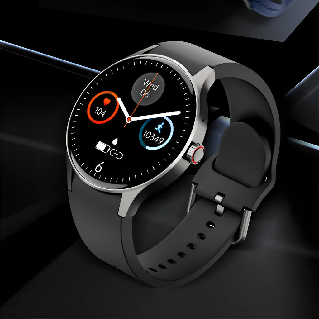 Smart Bluetooth sport watch with circular touchscreen display showing fitness metrics on wrist