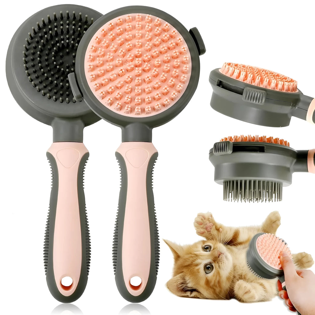 Pink and green double-sided cat grooming brush with flea comb attachment and release button