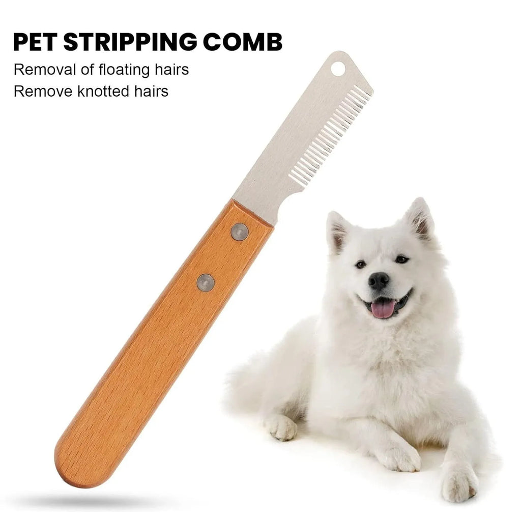 Pet stripping comb grooming tool with wood handle for cats and dogs