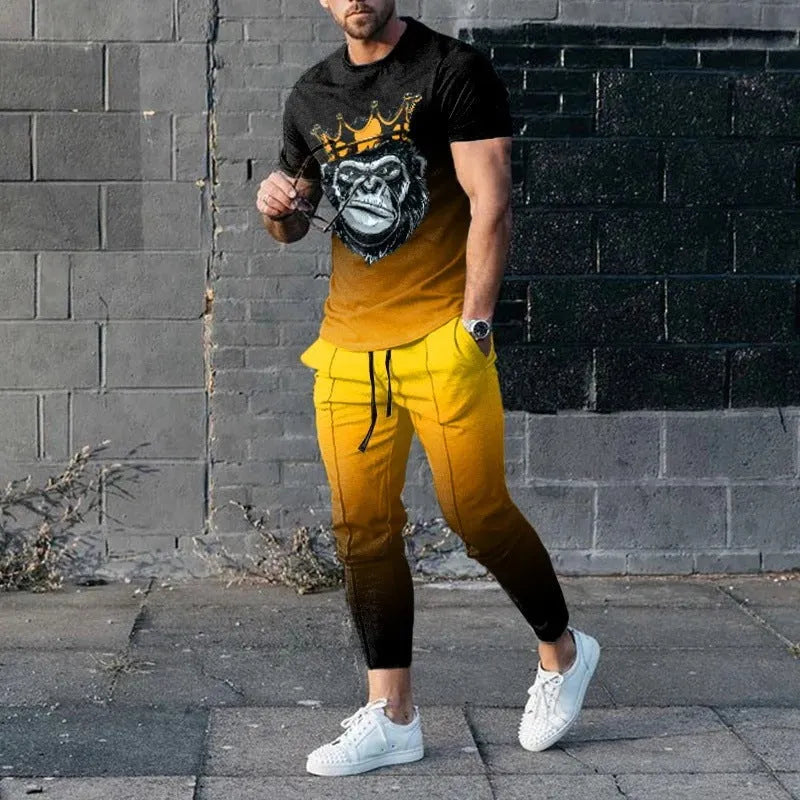 Man wearing a printed short-sleeve pullover and matching trousers from a thin polyester sports suit set.