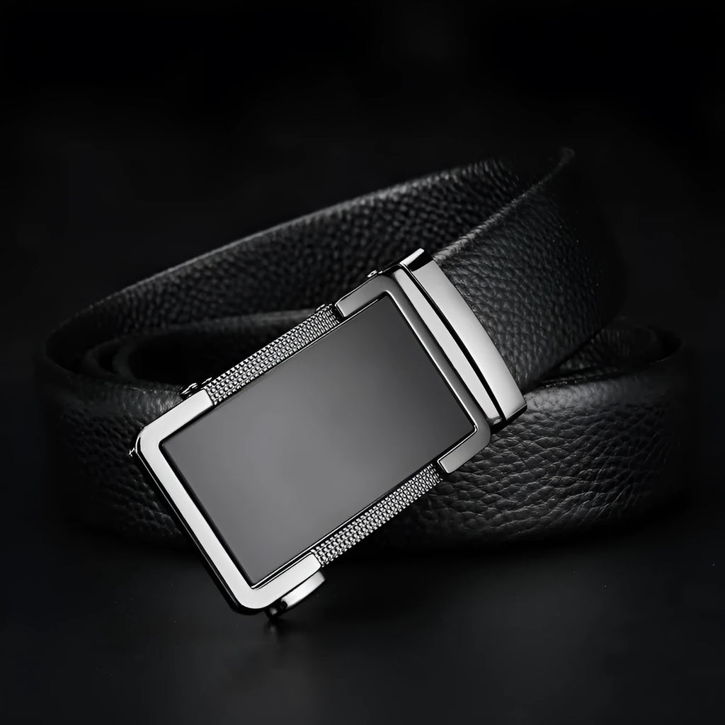 Men's leather belt with automatic alloy buckle in gold, gun black, or silver colour options