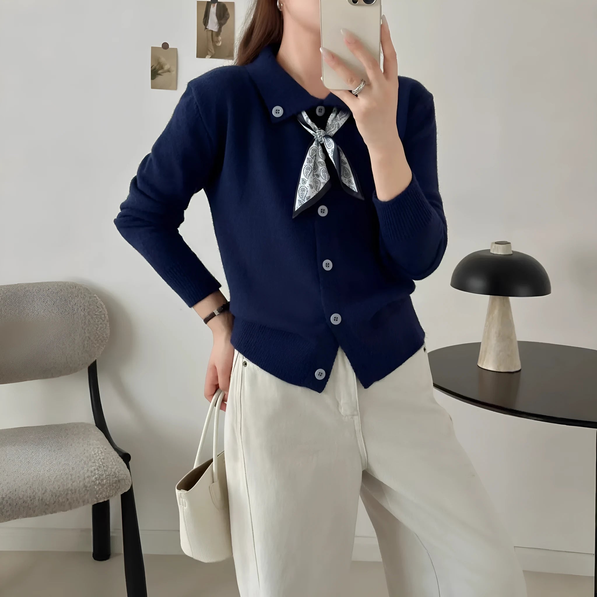 Lazy fashion lapel scarf cardigan sweater in acrylic fibre with splicing design