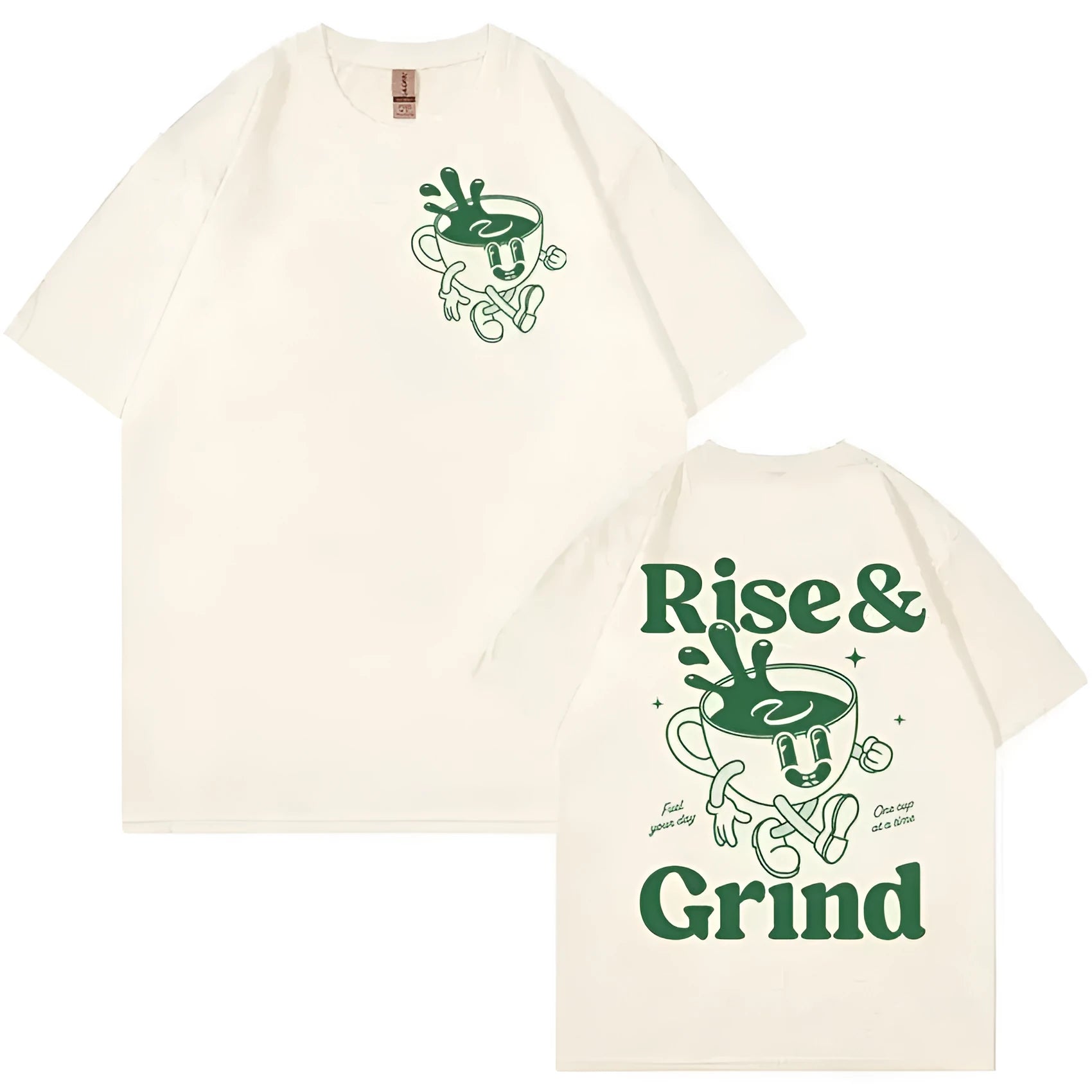 Loose fit linen t-shirt with Rise And Grind text and cartoon coffee graphic