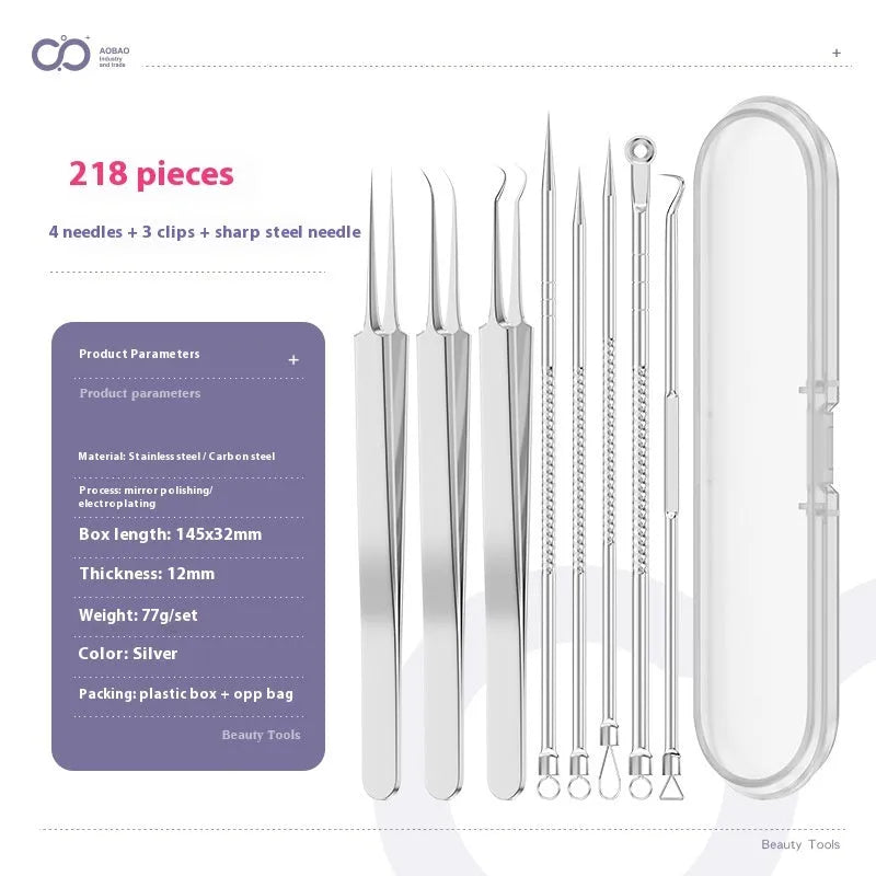 Four silver metal acne needles with ultra-fine pointed tips for skin treatment.