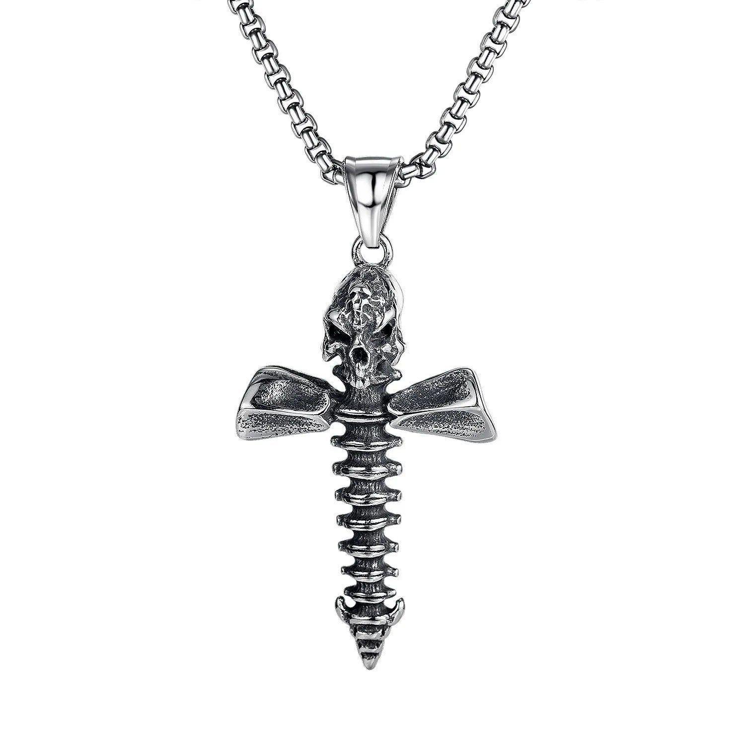Men's stainless steel skull necklace with electroplated silver finish showing six pendant design options