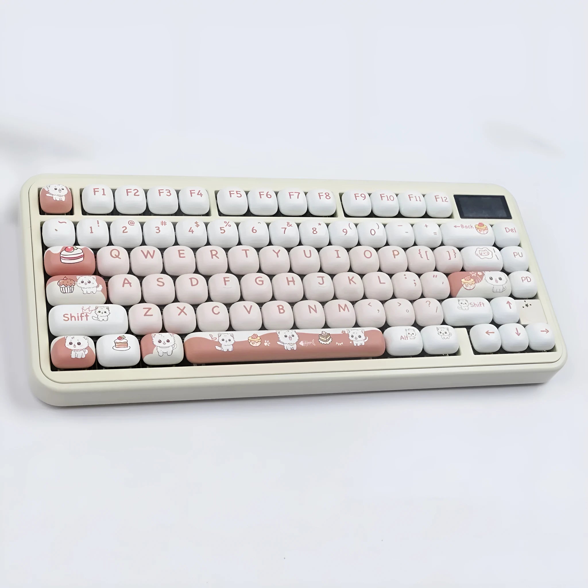 Dessert cat themed MOG round keycap set for mechanical keyboards showing cartoon character artwork.