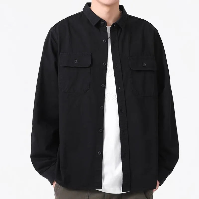 Men's loose fit long sleeve shirt overalls in cardigan style with polyester construction