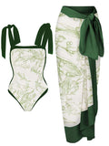 Women's floral print two-piece swimsuit with a sheer chiffon hip skirt, shown in one of the available colour variations.