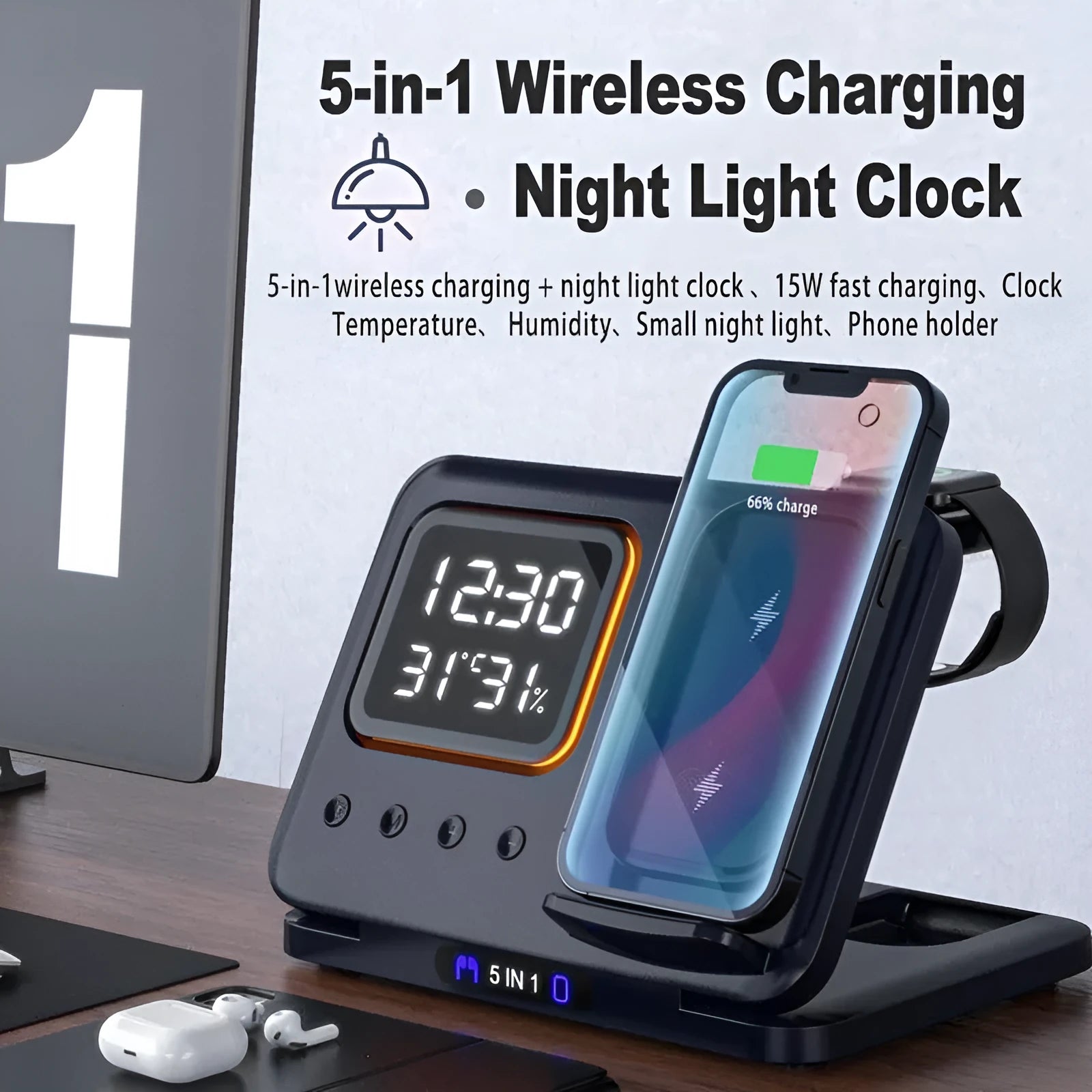Black wireless charging station showing phone and watch charging with LED display showing time and temperature
