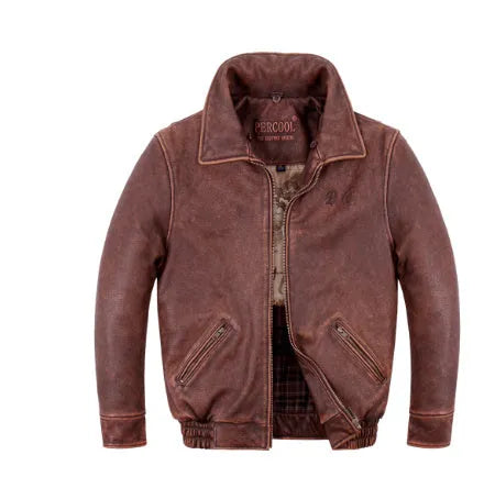 American style men's casual flight suit genuine leather jacket in old brown, loose fit, ribbed hem