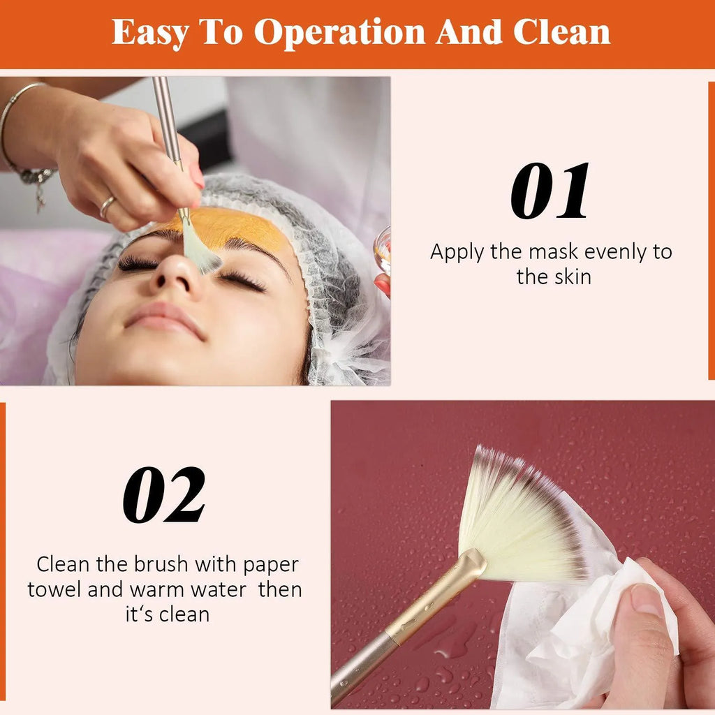 Ten champagne-coloured facial fan brushes with acrylic handles and protective covers.