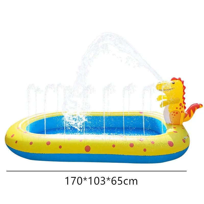 Blue inflatable dinosaur and shark themed children's play pool in a garden setting.