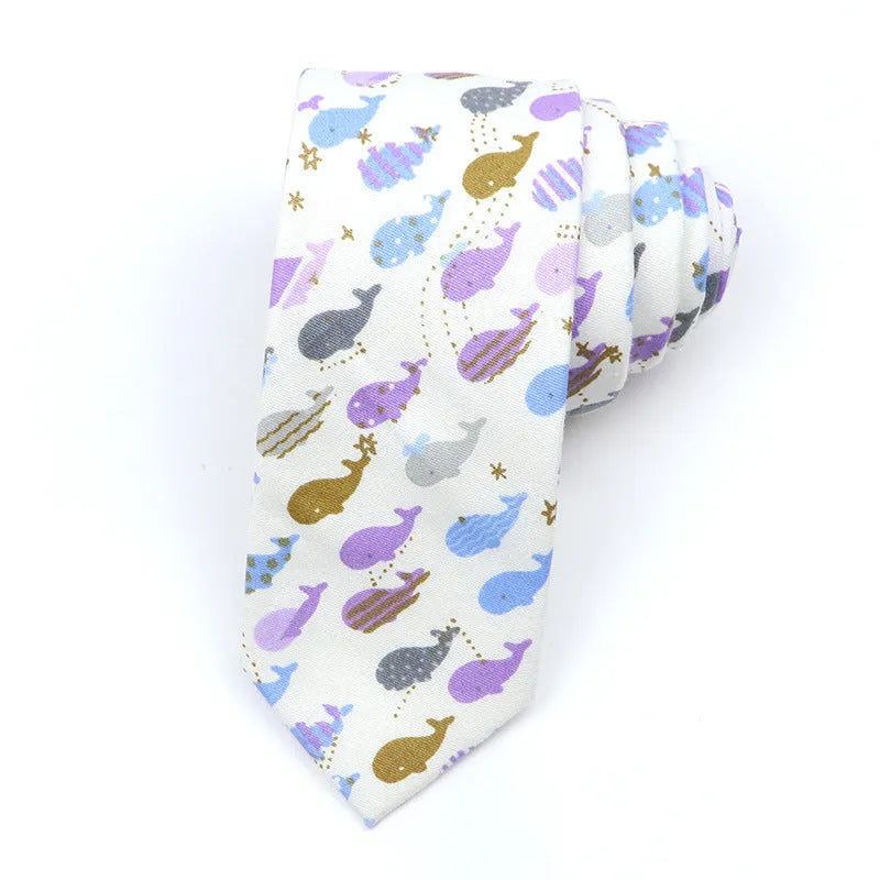 Men's narrow cotton bow tie in a cartoon print with an adjustable knot, shown in a selection of colours.