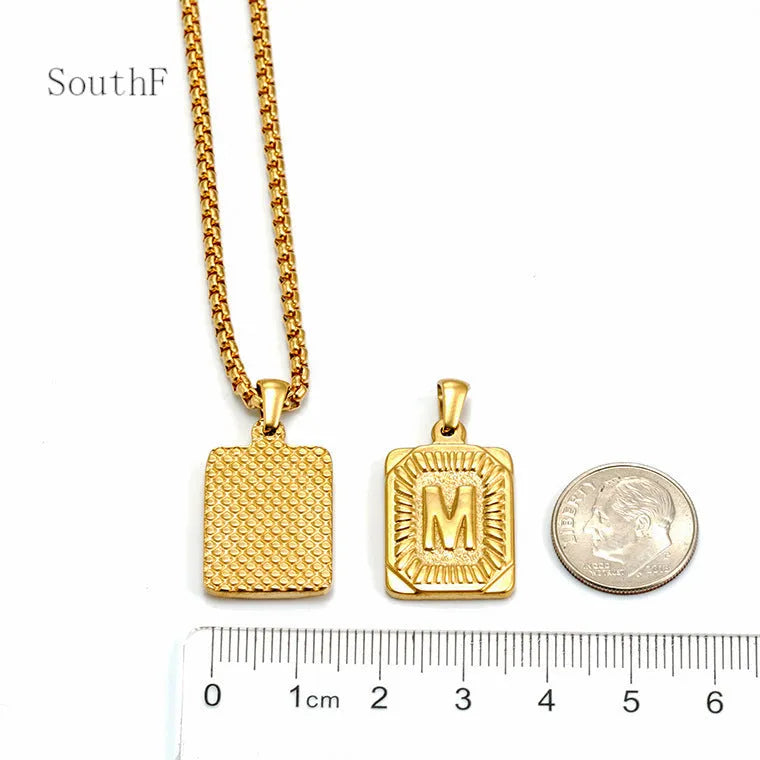 Gold-plated 18K titanium steel letter pendant necklace with pearl chain, gold colour, unisex design