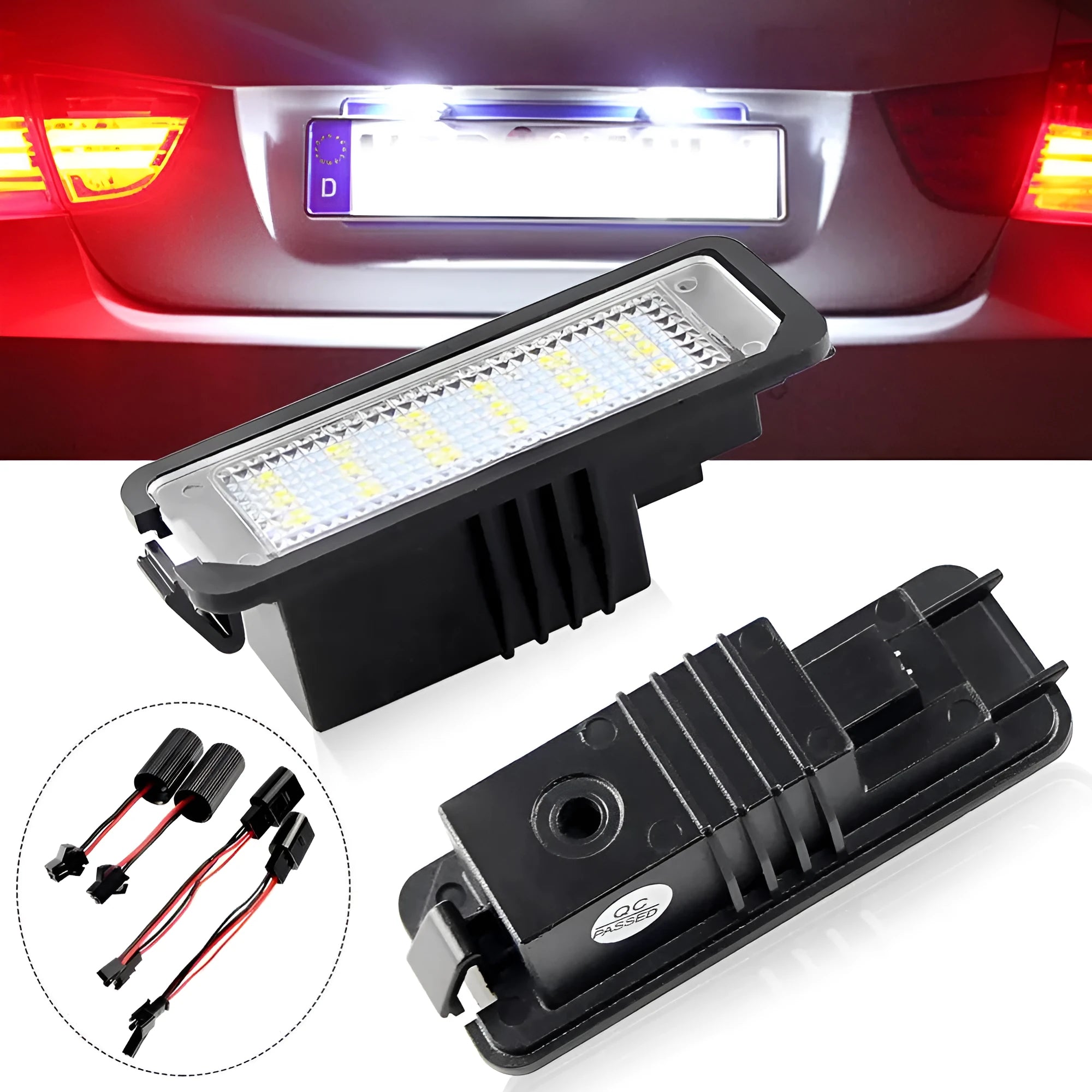 Two Volkswagen LED license plate light units with multiple white SMD LEDs visible.
