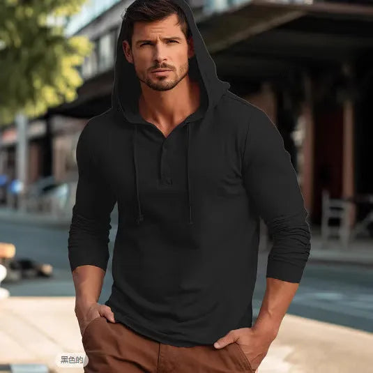 Men's cotton pullover hoodie in dark blue colour showing long sleeves and casual sports style
