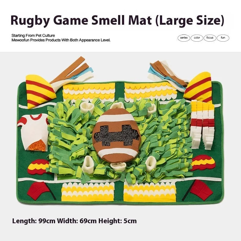 Plastic fabric dog sniffing mat with textured surface for hiding food treats, showing multiple theme design options