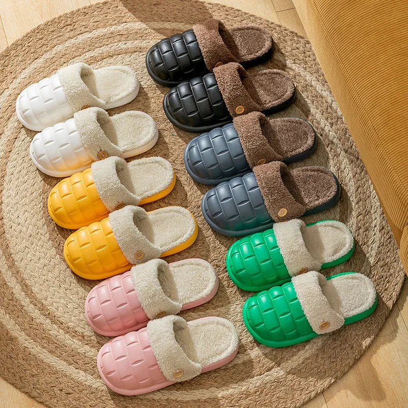 Plaid pattern detachable slippers with EVA sole and plush lining, shown in pink colour.