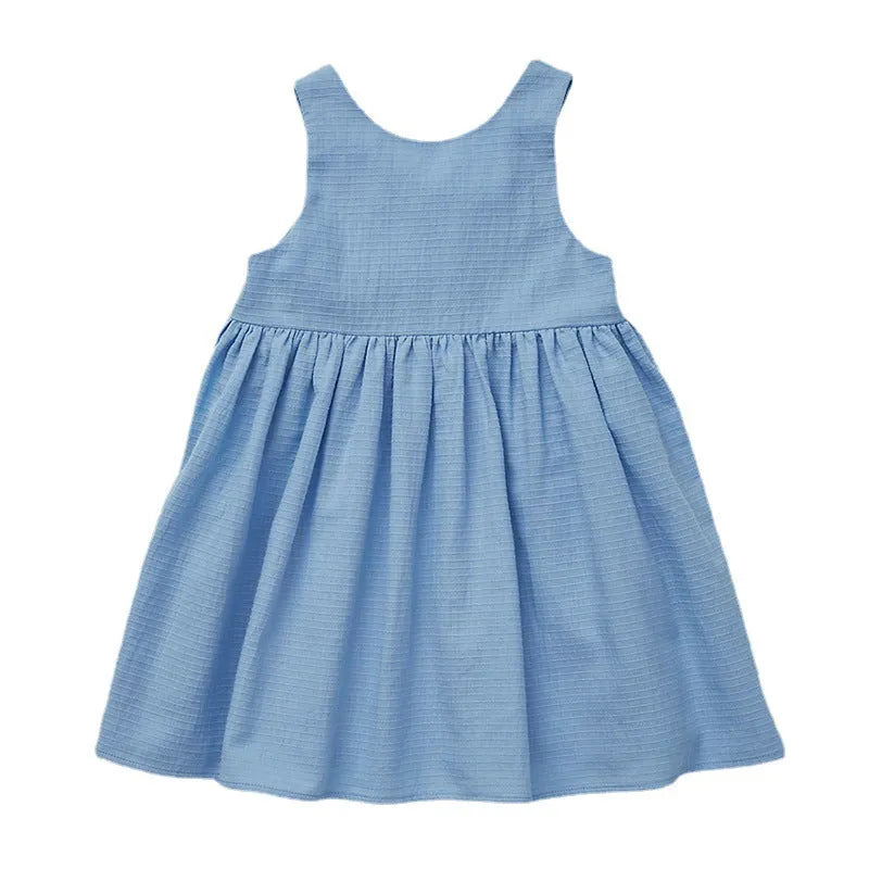 Girls cotton sleeveless dress solid colour princess style blue white 90-130cm