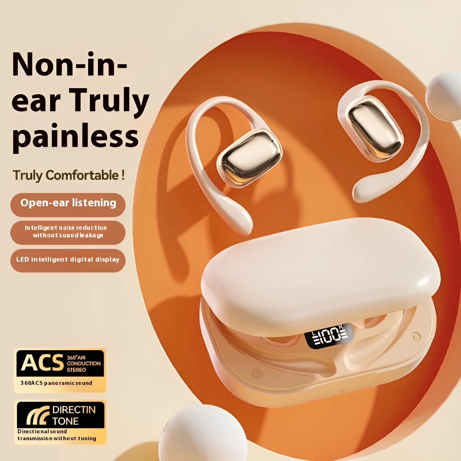 Ear-mounted wireless headphones with a digital display screen on the earpiece.