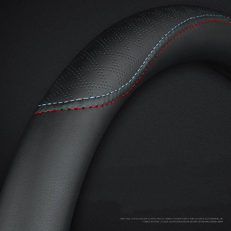 Black Napa leather texture car steering wheel cover with two-colour line stitching, shown with a 38cm diameter.
