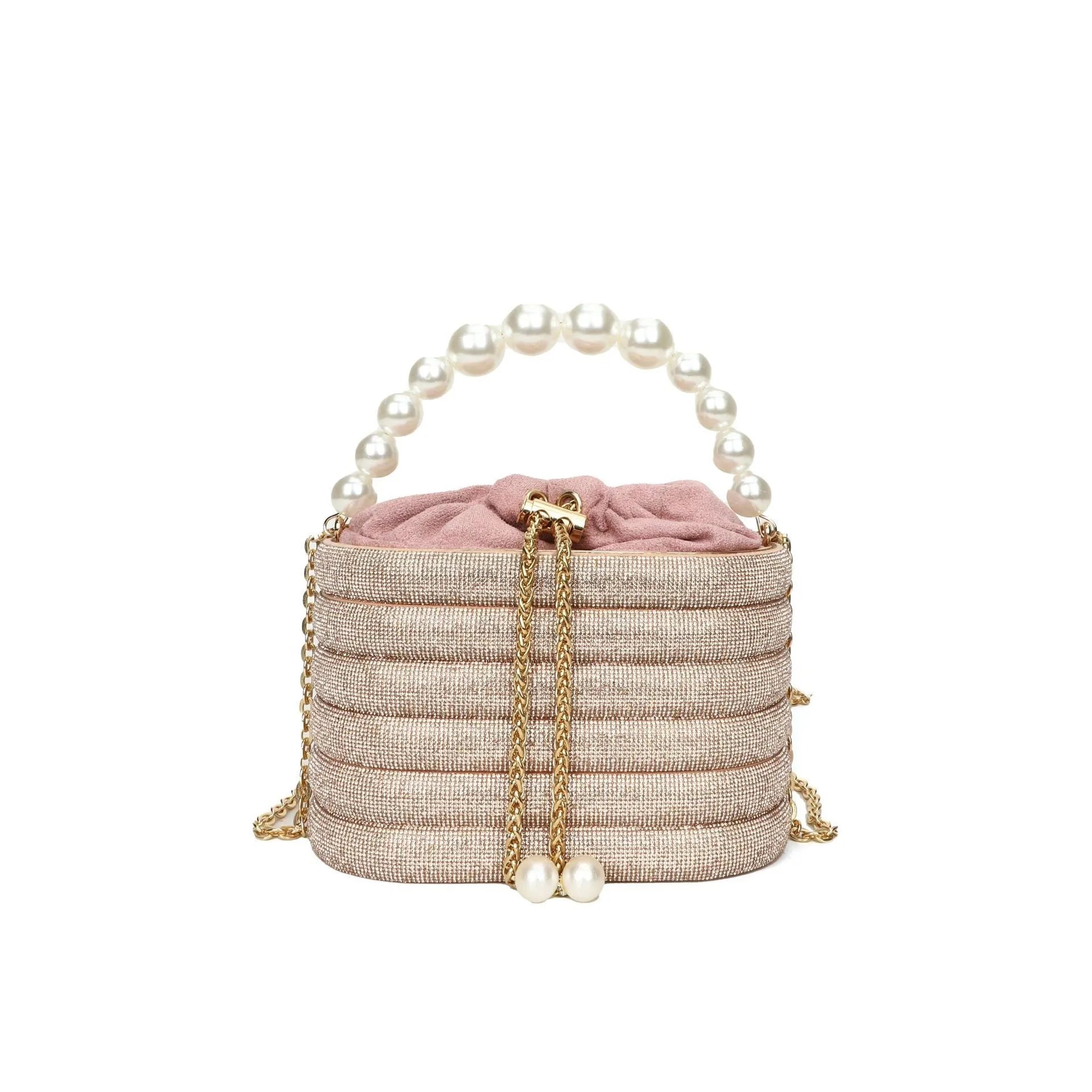 Women's crossbody bag with pearl beaded detailing in soft PU leather showing European retro style and single shoulder strap