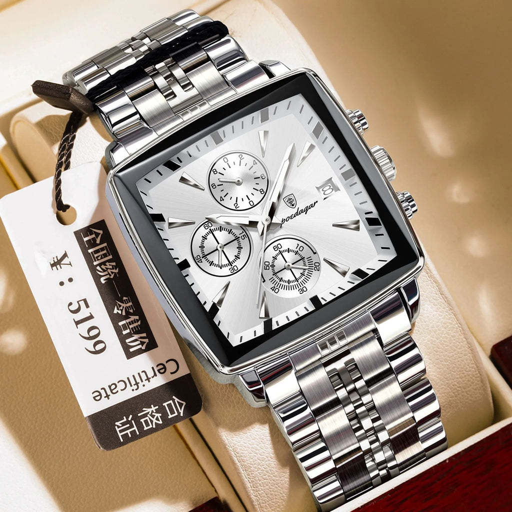 Square men's business quartz watch with stainless steel band and butterfly buckle in gold and blue colour combination.
