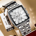 Square men's business quartz watch with stainless steel band and butterfly buckle in gold and blue colour combination.