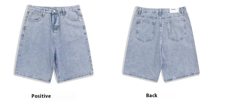Men's casual denim shorts in mid waist straight-leg style with five pockets