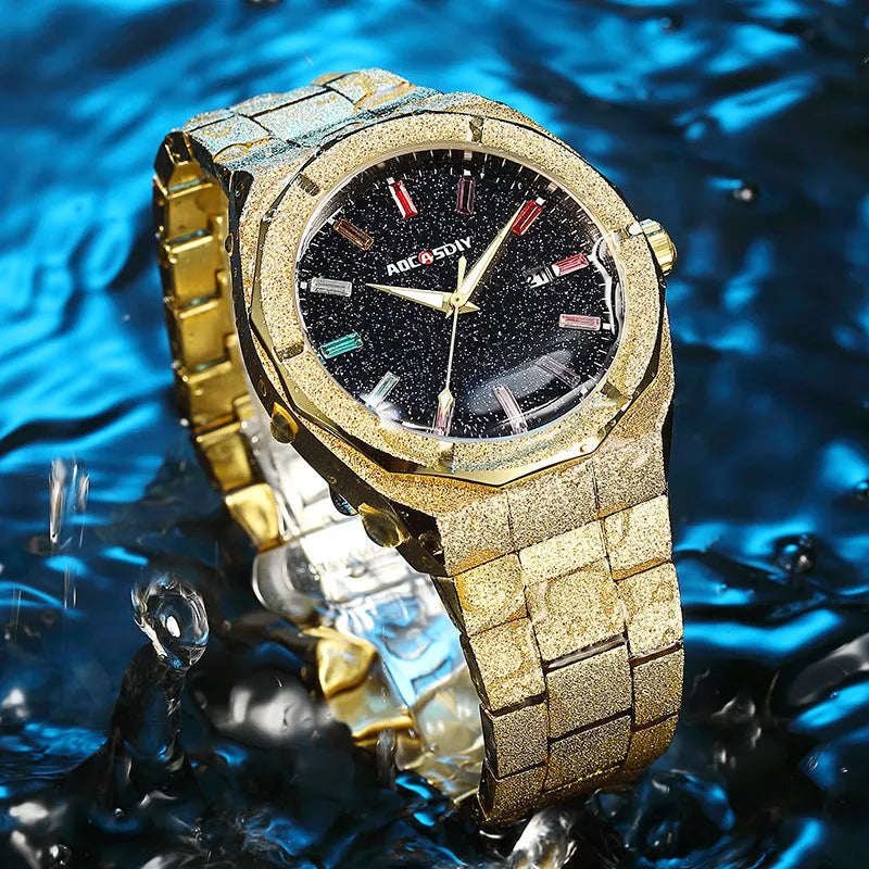 Full diamond-set luxury oak men's watch in gold finish with quartz movement and 11mm case thickness