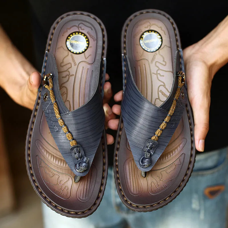 Men's dark blue herringbone-patterned outdoor slippers with artificial PU upper and rubber sole
