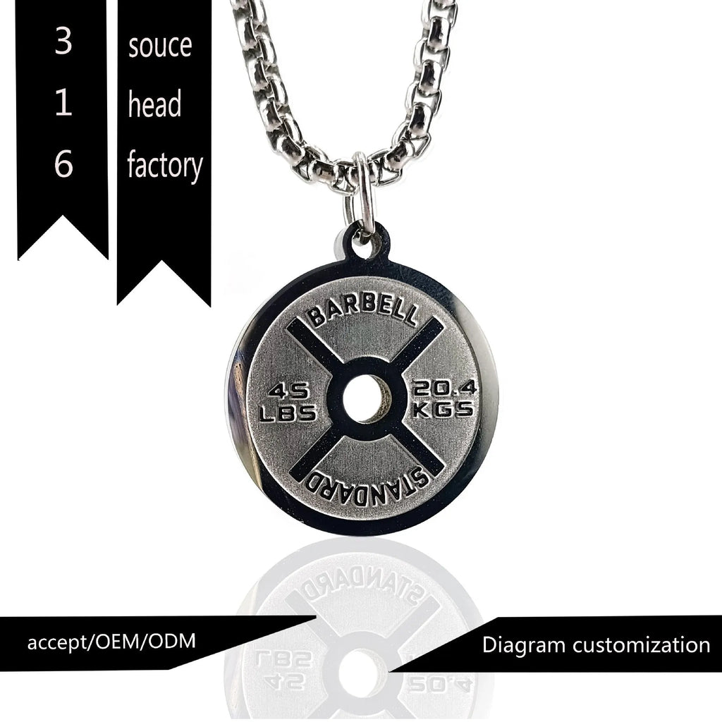 Polished stainless steel geometric barbell disk pendant on a choice of 60cm chains: black, gold, or pearl.