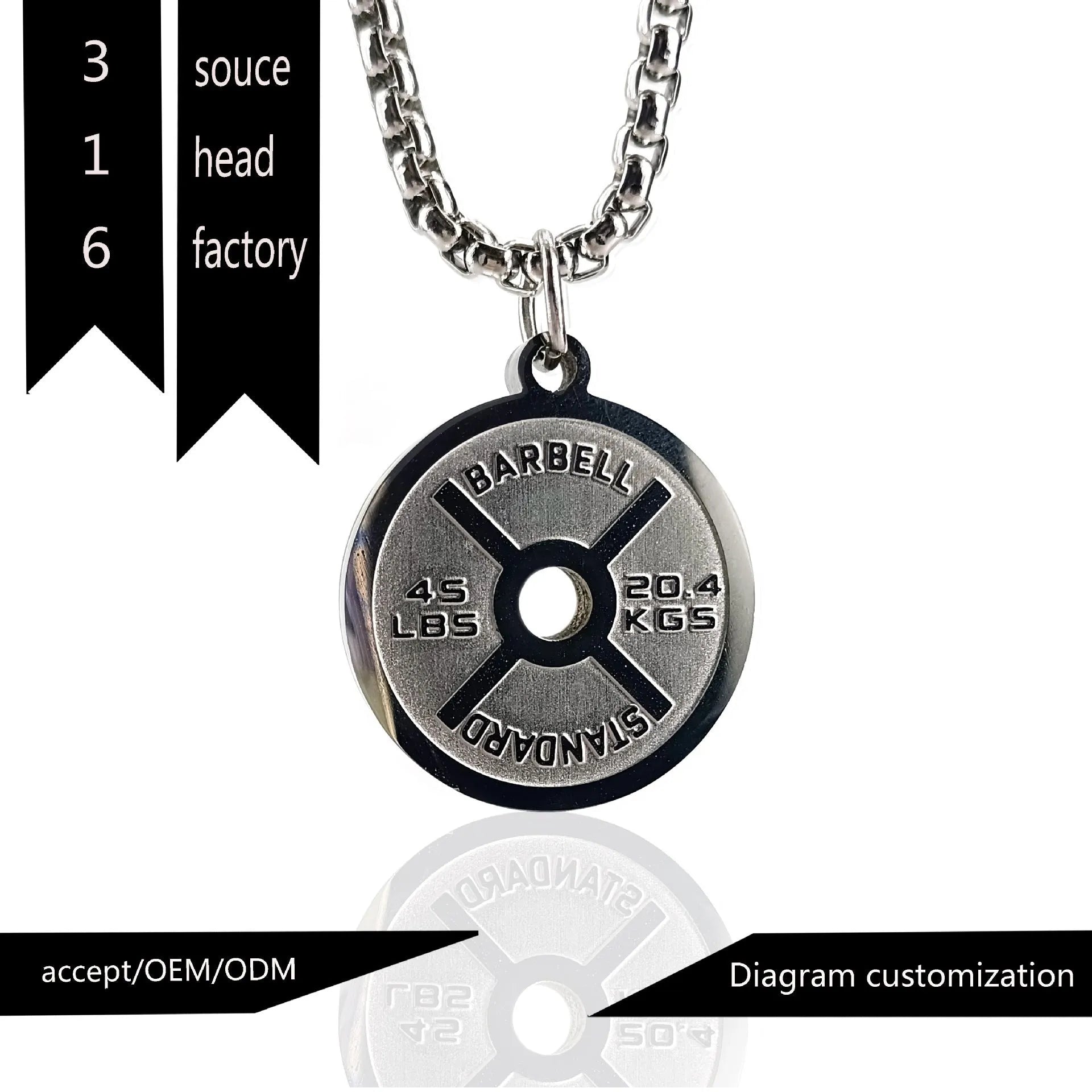 Polished stainless steel geometric barbell disk pendant on a choice of 60cm chains: black, gold, or pearl.