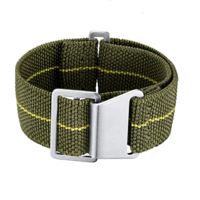 Nylon parachute watchband in green, blue, and black with silver buckle, 18mm 20mm 22mm widths
