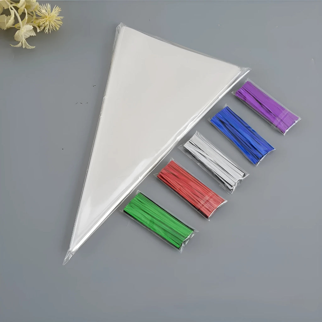 Transparent triangular OPP plastic packaging bags with tie wire closure in three size options