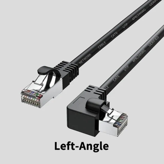 Cat6 Ethernet cable with right-angle RJ45 connector in various colours and lengths