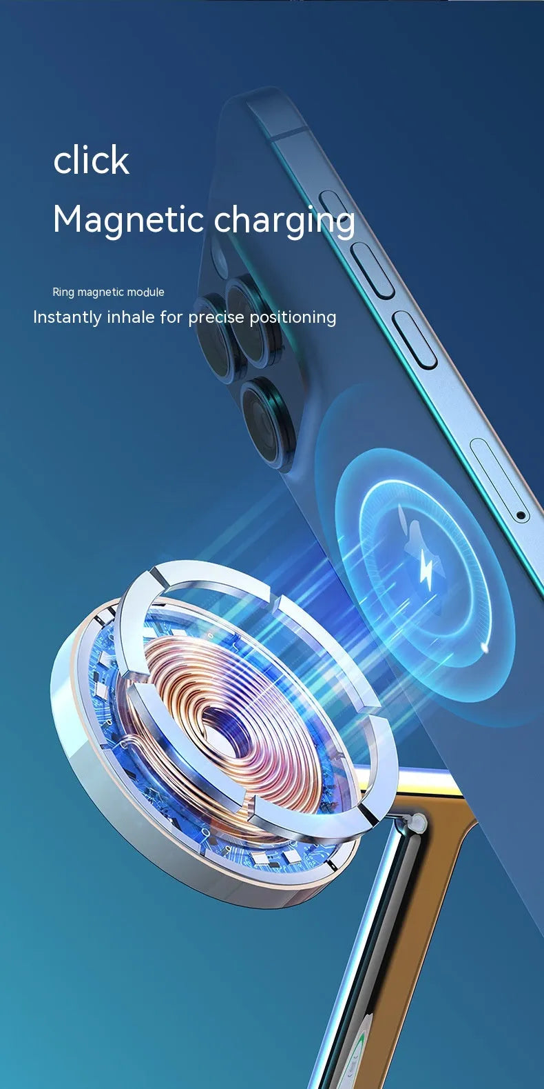 White three-in-one magnetic wireless charger with phone, earphone and watch stands on a desk