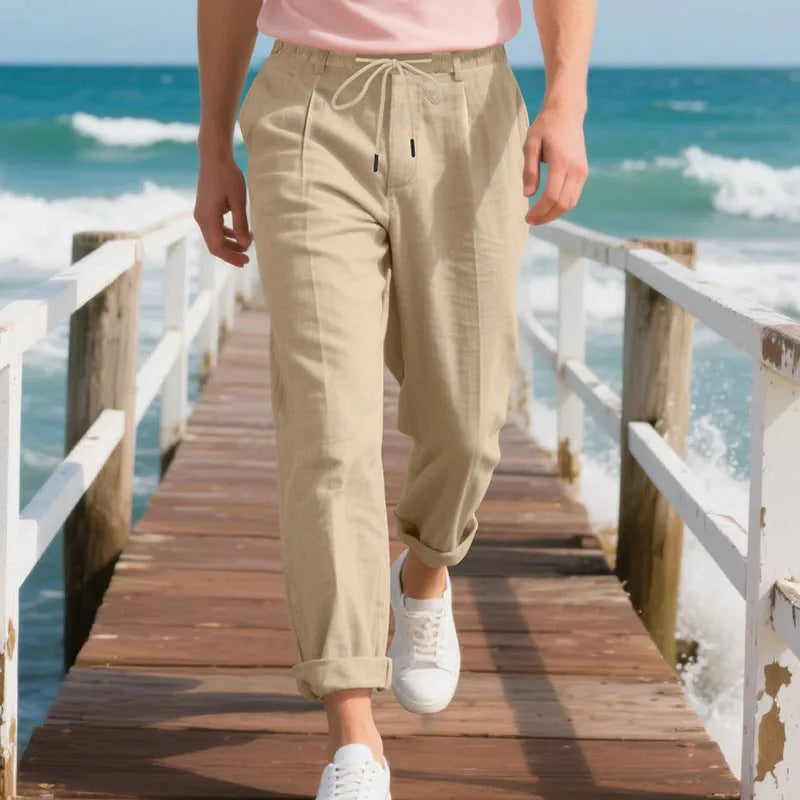 Men's linen straight leg trousers in army green with drawstring waist
