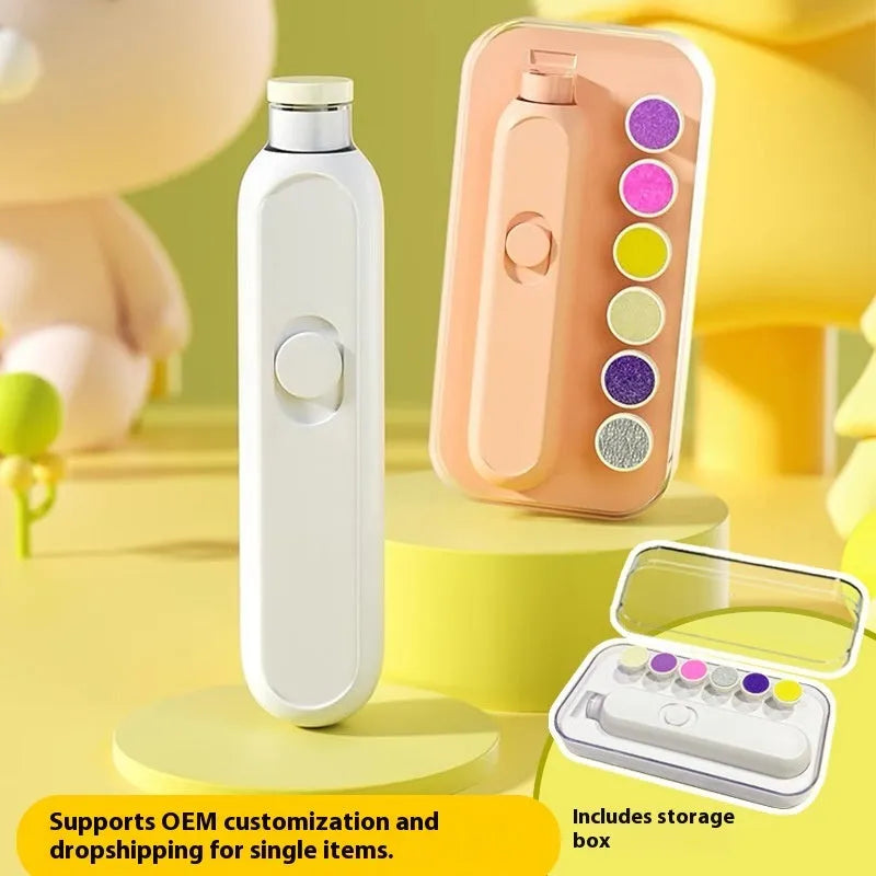 Lightweight maternal and child nail trimmer suit with orange plastic body, 6 grinding heads, and storage box on white background
