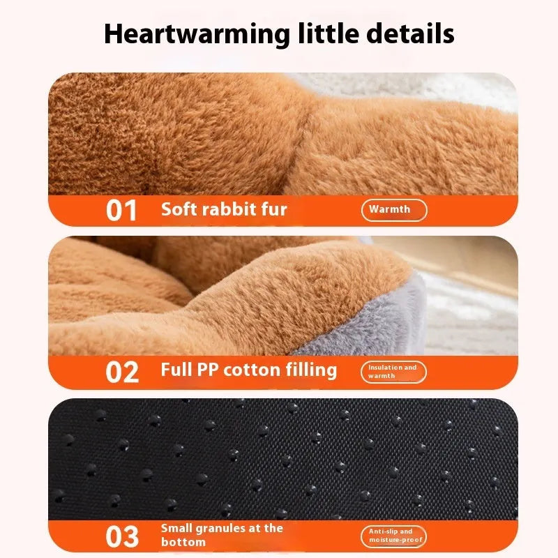 Round detachable rabbit plush pet bed in brown gray colour showing thick fabric and nest shape